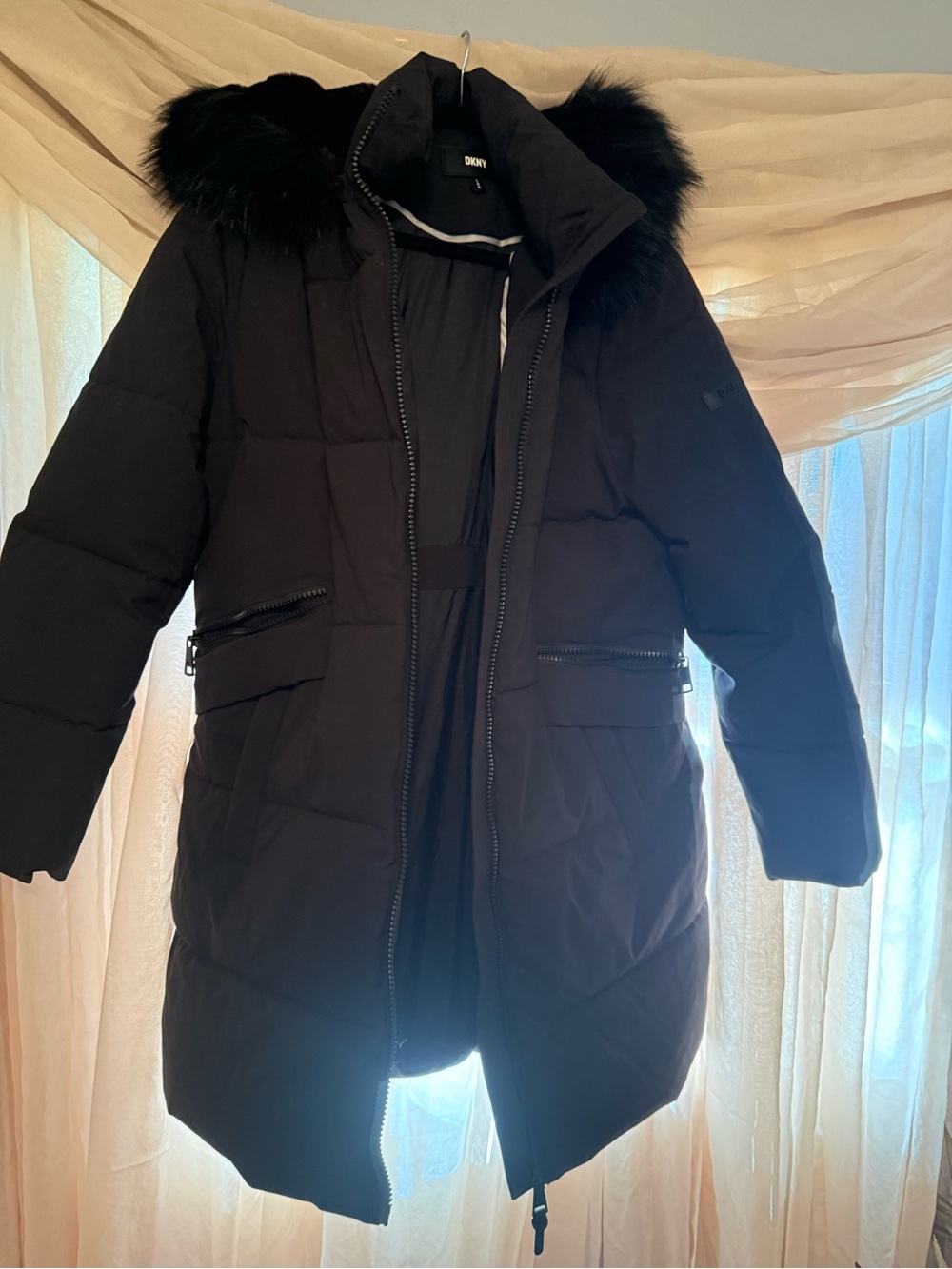 DKNY Black Quilted Hooded Puffer Coat with Faux-Fur Trim